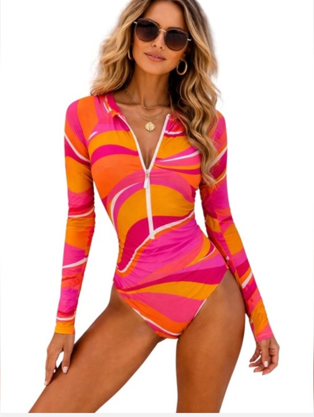 Trina Turk Rainforest Long Sleeve One Piece Open Back Paddle Suit Small